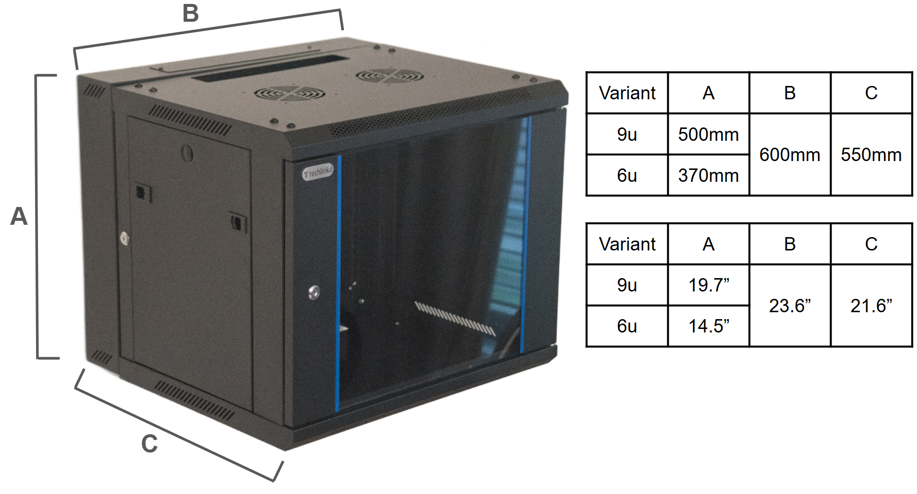 Techlinkd server cabinet product with dimension spec sheet