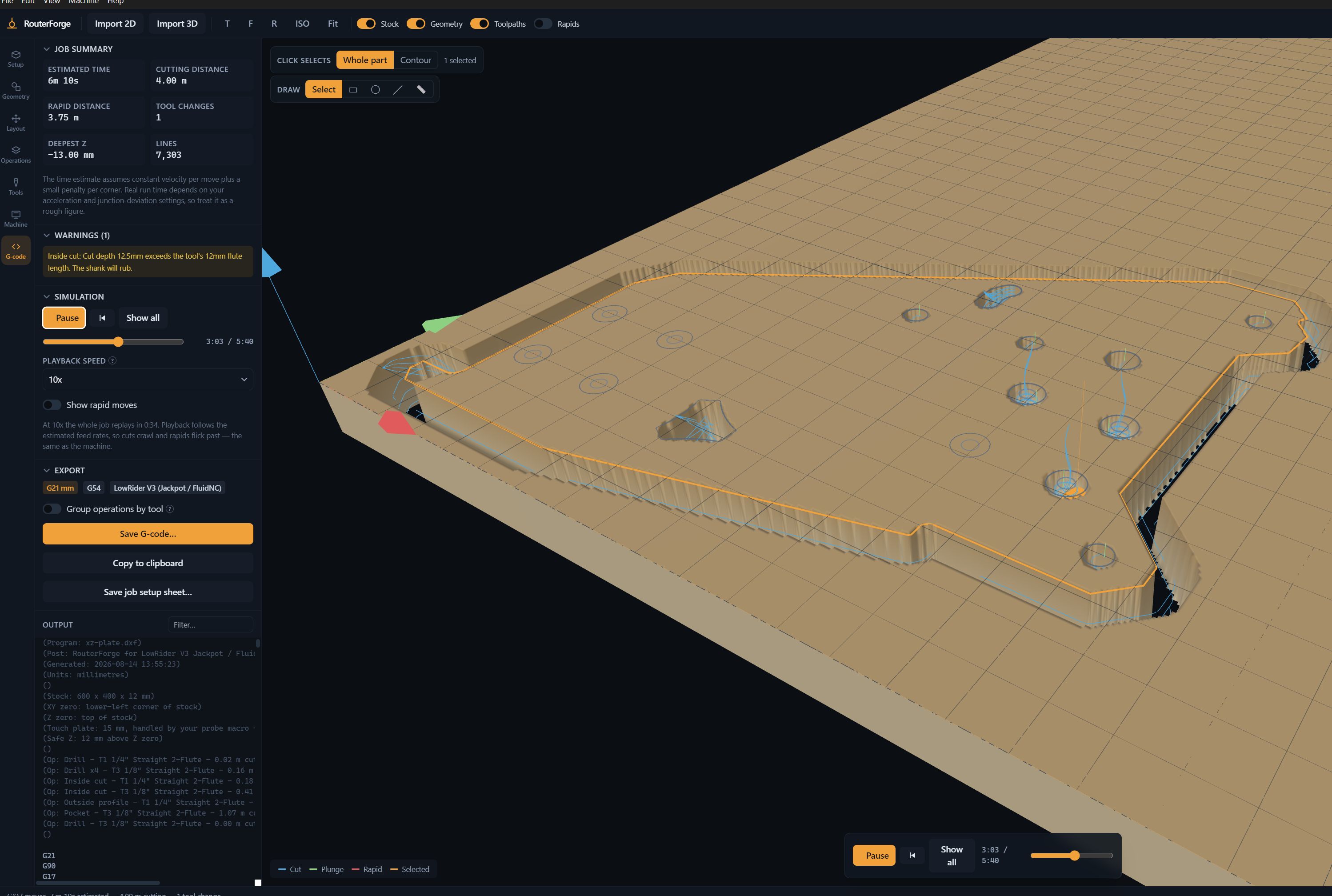 RouterForge 3D cut simulation screenshot